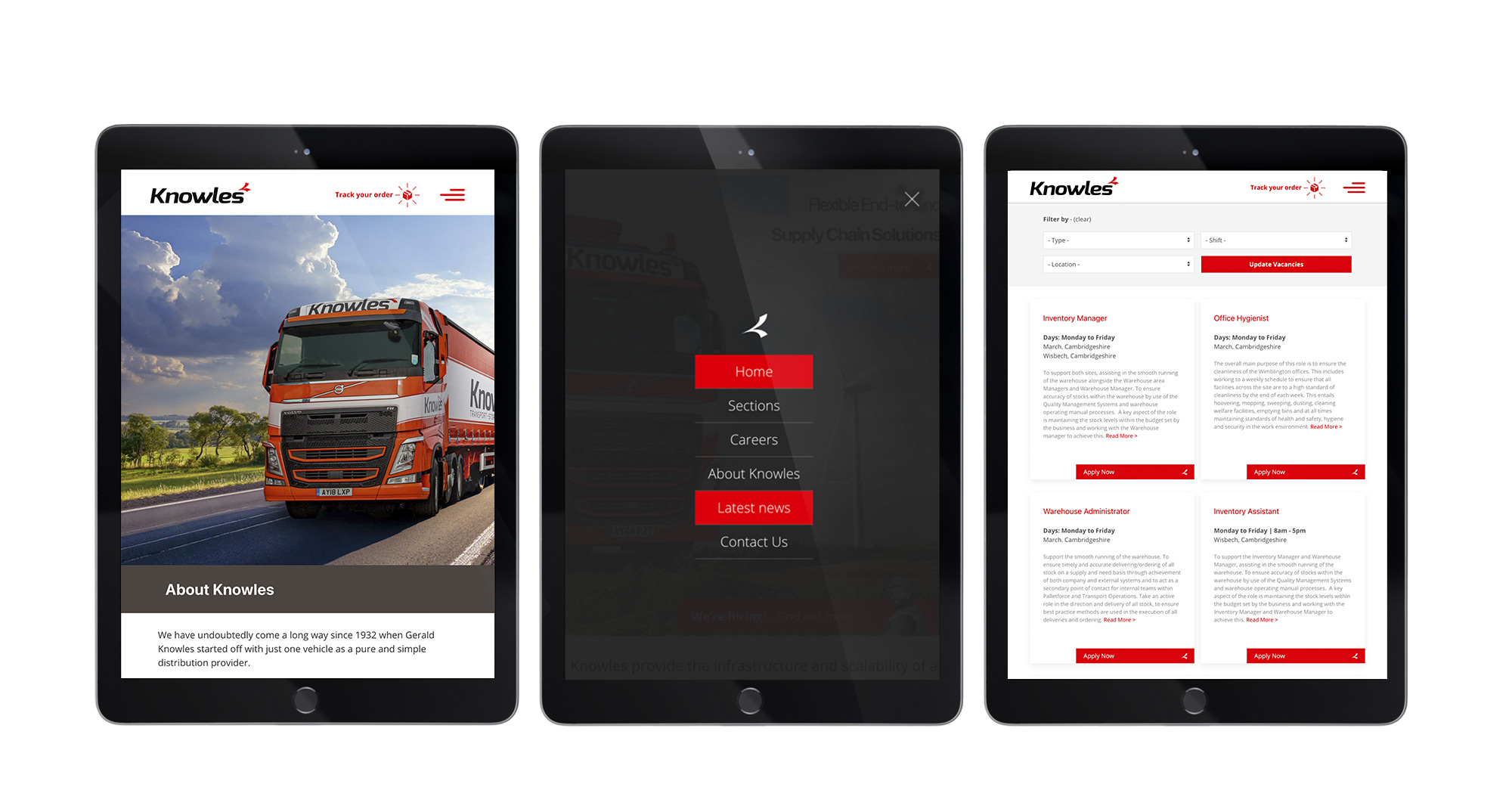 Knowles Transport website design - Tablet View