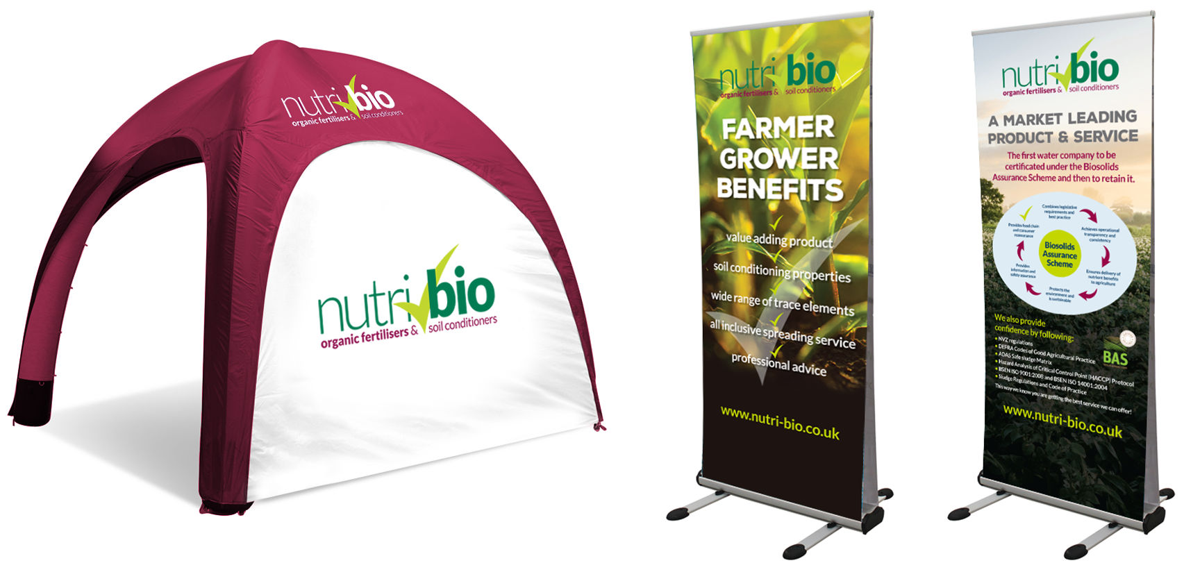 Nutri-Bio pop up exhibition graphics including a tent